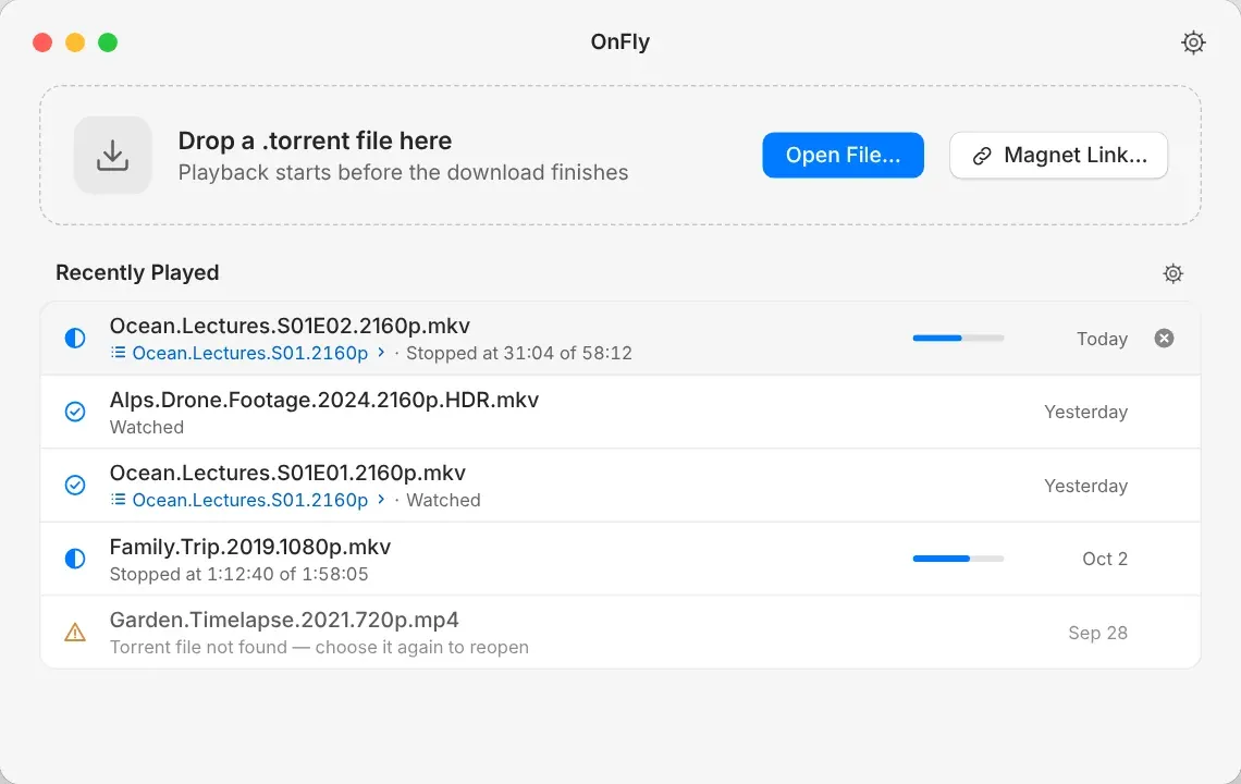 OnFly start window with a drop zone and a Recently Played list showing progress for each video