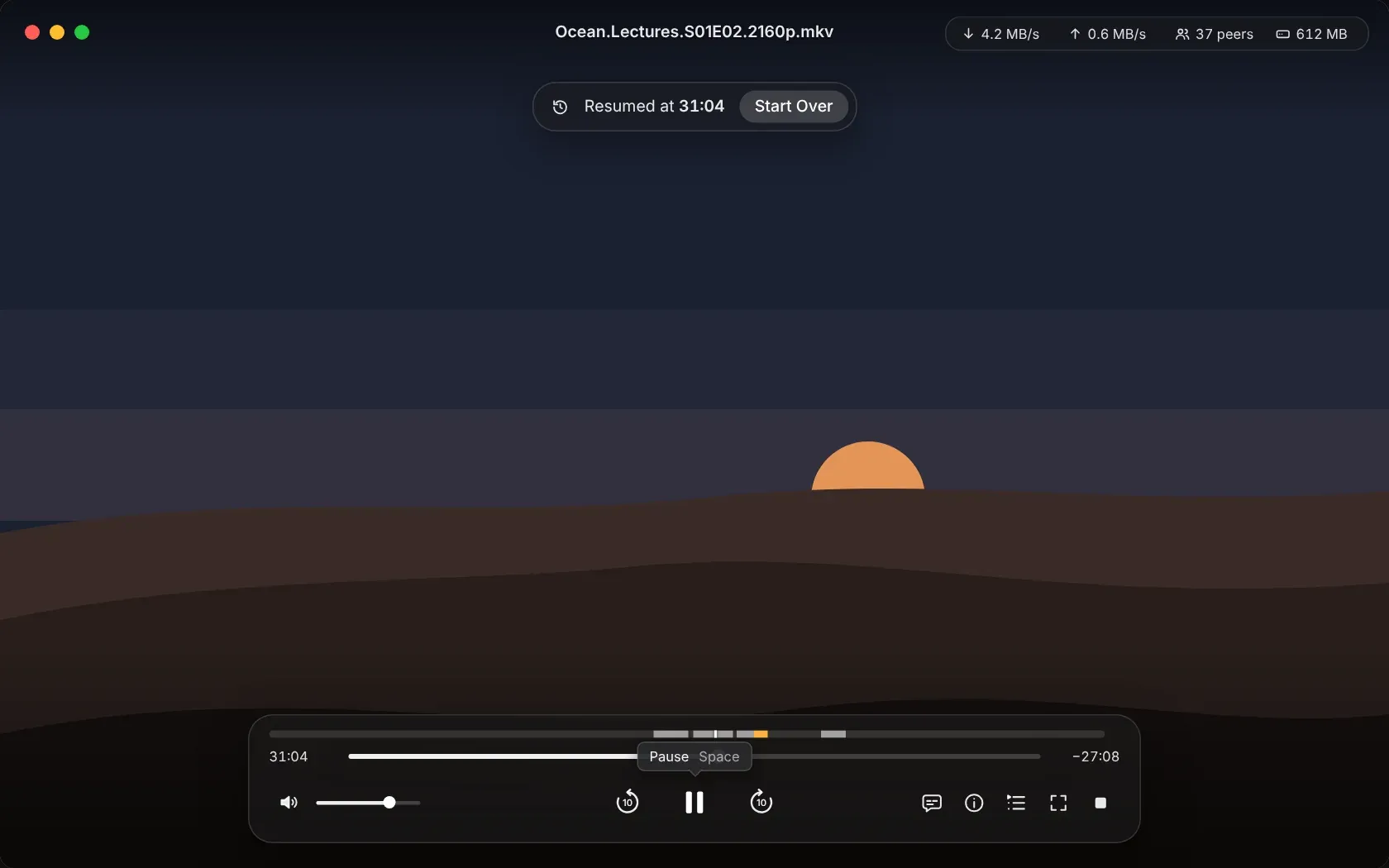 OnFly player window resuming a lecture video