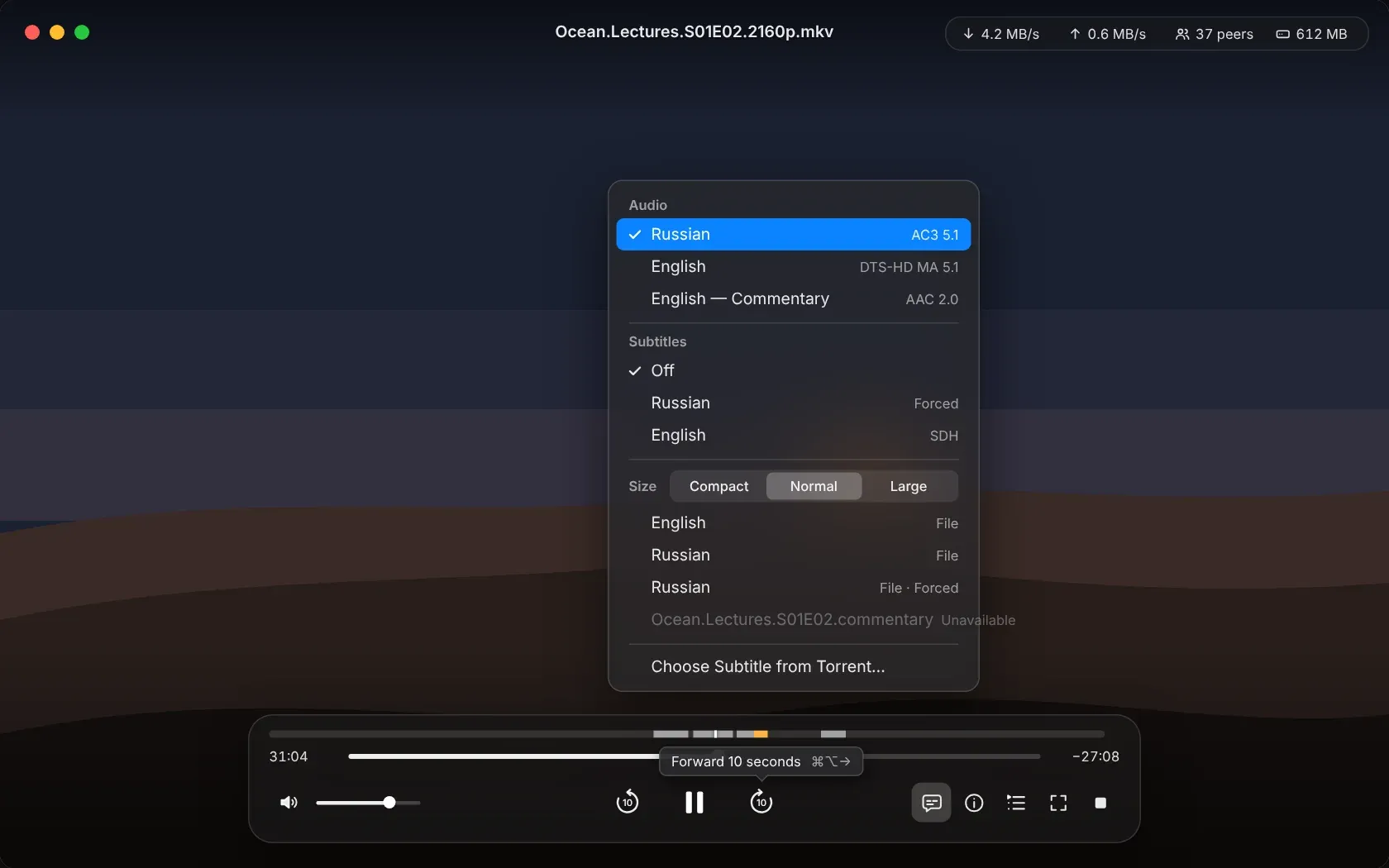OnFly audio and subtitle track menu