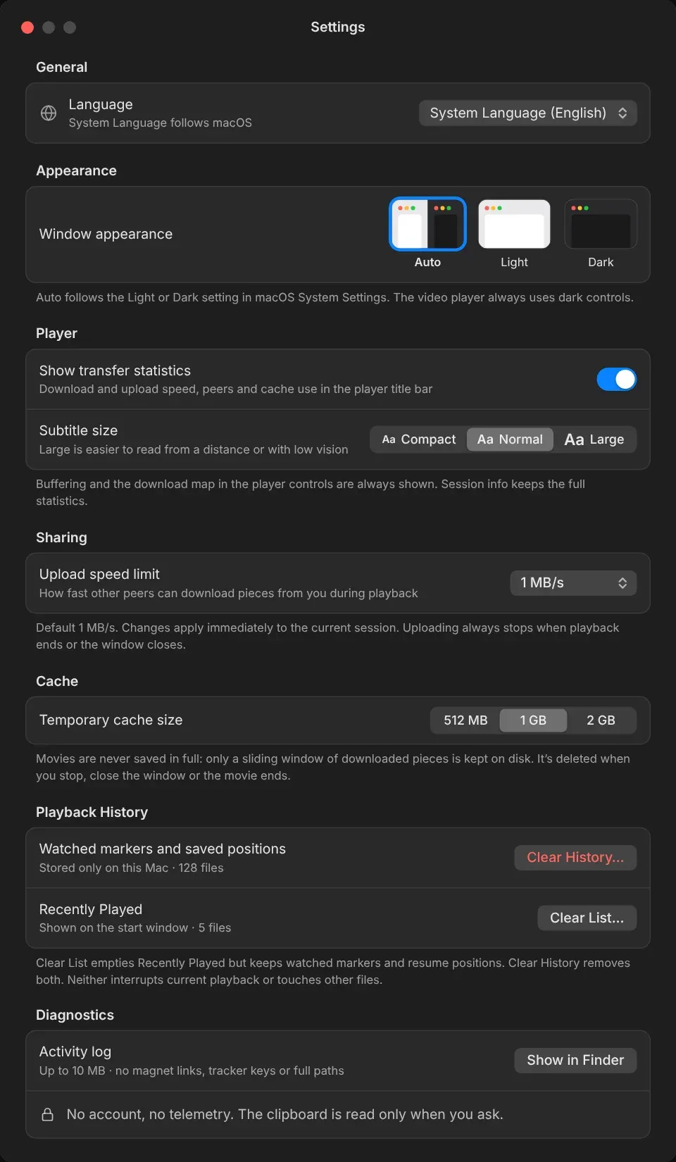 OnFly settings window with language, appearance, player, sharing, cache, playback history and diagnostics sections