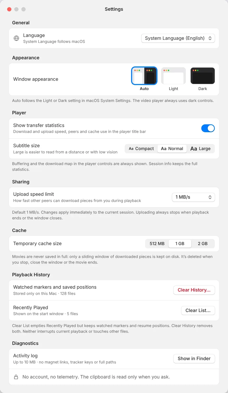 OnFly settings window with language, appearance, player, sharing, cache, playback history and diagnostics sections