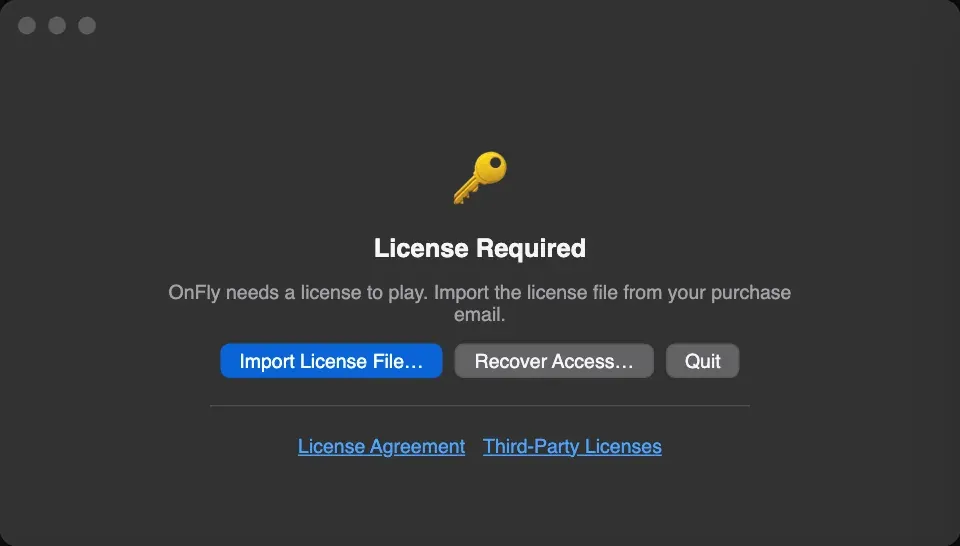 OnFly window titled License Required, with the buttons Import License File…, Recover Access… and Quit. Import License File… is outlined and marked with step 2