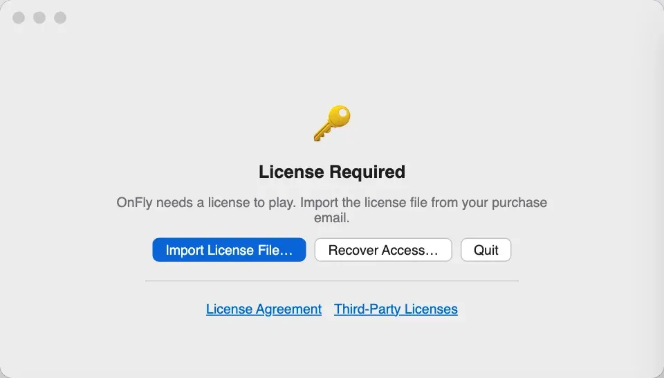 OnFly window titled License Required, with the buttons Import License File…, Recover Access… and Quit. Import License File… is outlined and marked with step 2